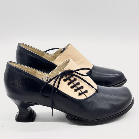 John Fluevog Shoes - John Fluevog Wearever Merci Navy Beige Leather Heels